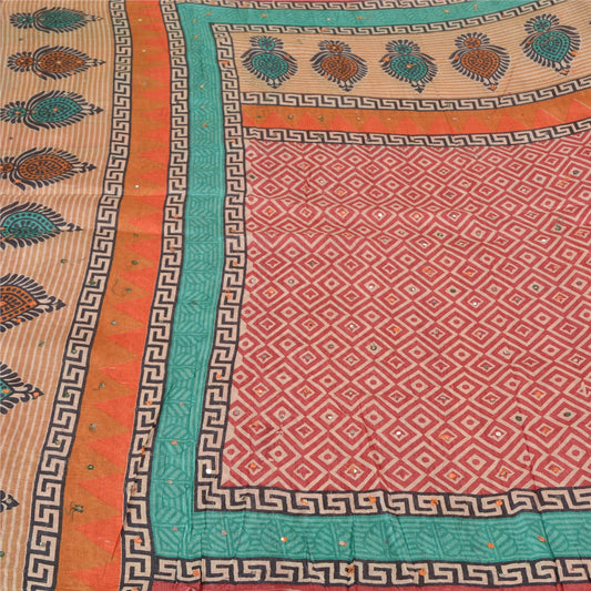 Sanskriti Vintage Røde Indiske Sarier 100% Ren Silke Håndperlet Sari Håndværk Bæredygtigt Stoff