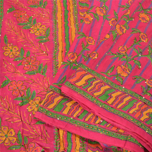 Sanskriti Vintage Pink Indian Sarees 100% Pure Silk Woven Sari 5 Yard Sustainable Fabric
