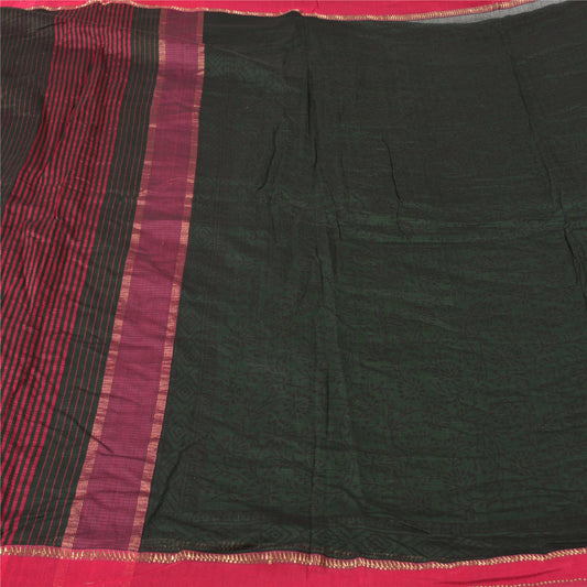 Sanskriti Vintage Green/Pink Sarees Pure Cotton Hand-Block Printed Sari Sustainable Fabric