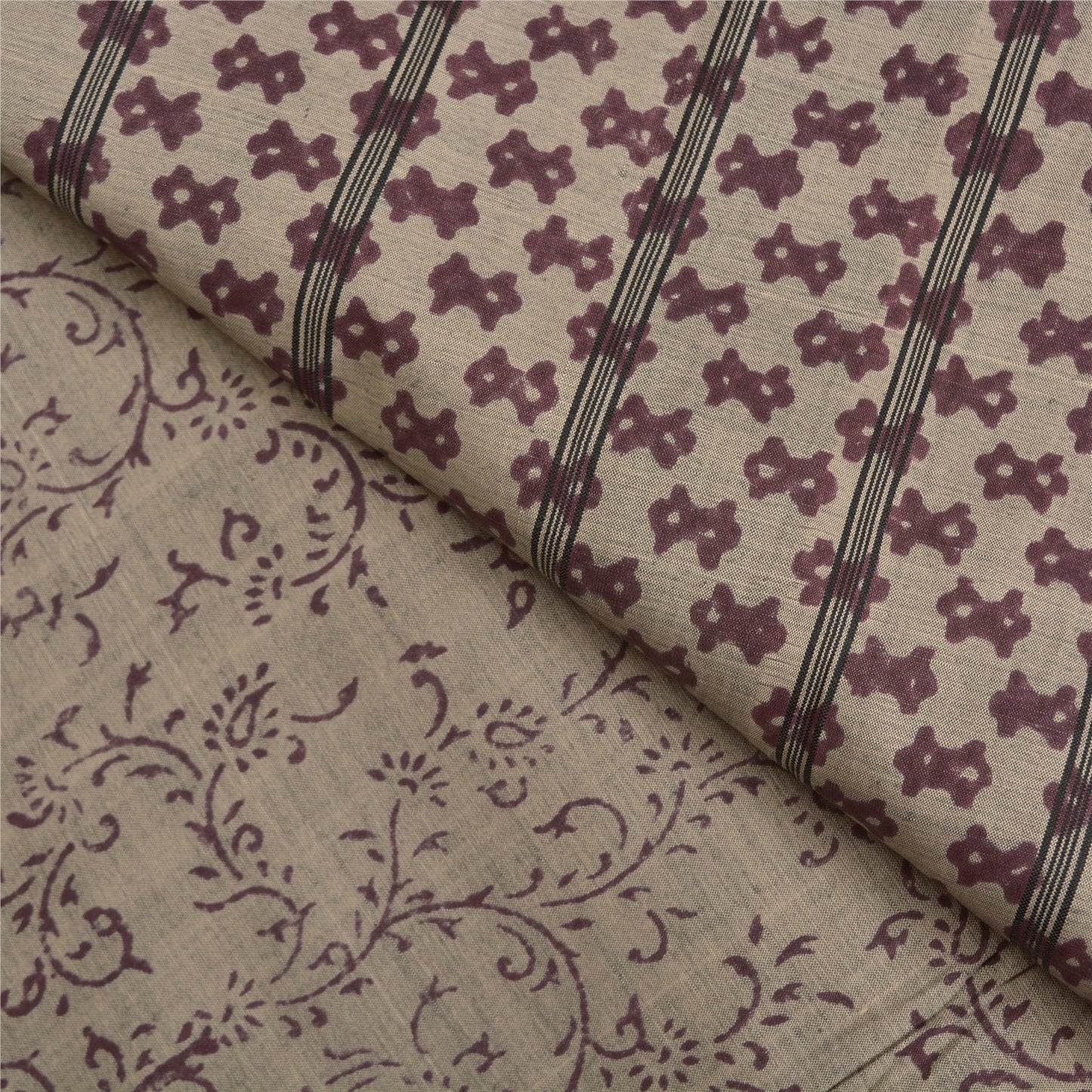 Sanskriti Vintage Grey Indian Sarees Blend Silk Hand-Block Printed Sari Sustainable Fabric