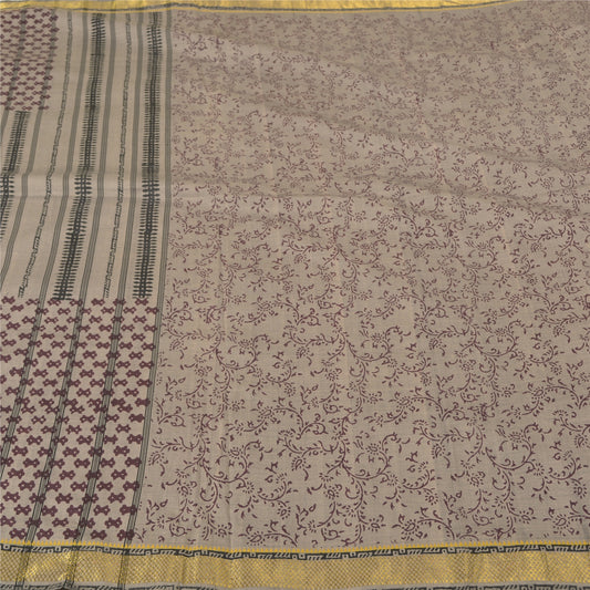 Sanskriti Vintage Grey Indian Sarees Blend Silk Hand-Block Printed Sari Sustainable Fabric