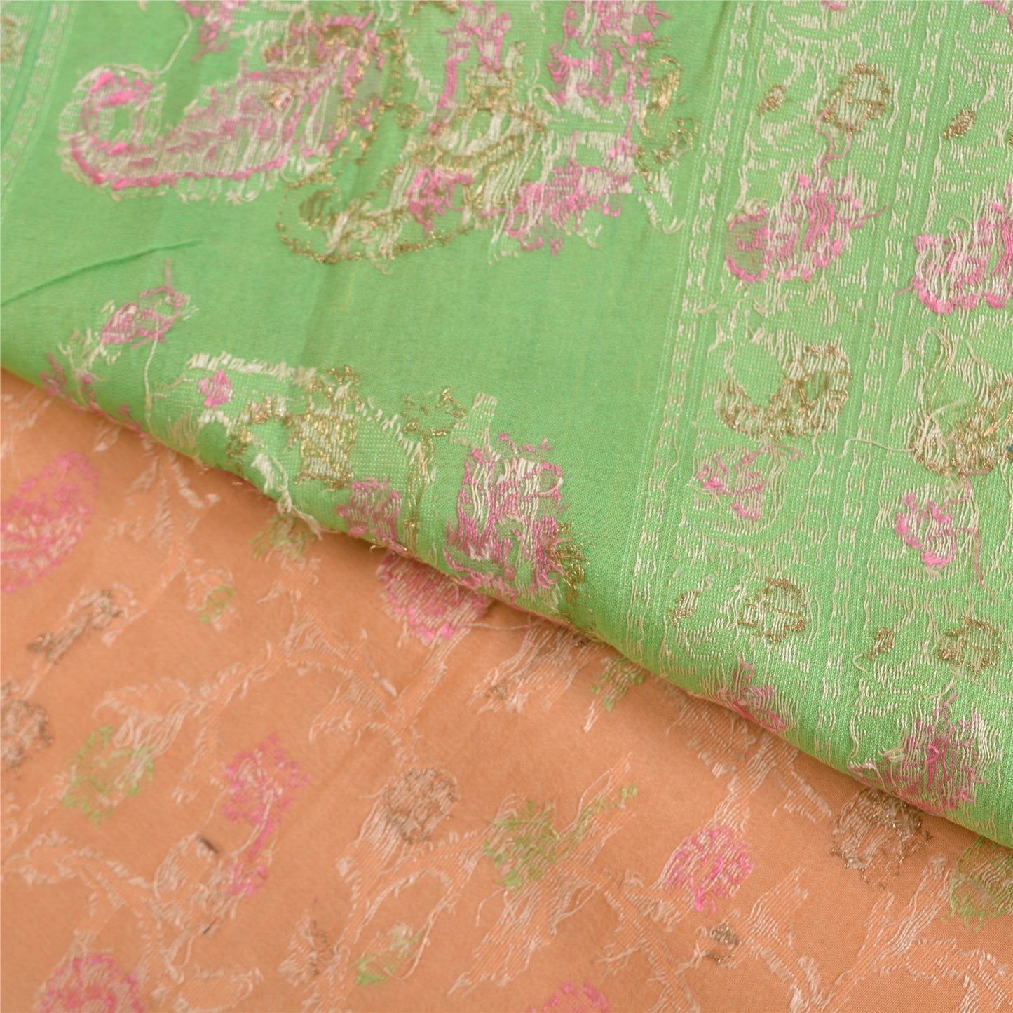 Sanskriti Vintage Peach/Green Sarees 100% Pure Silk Woven Premium Sari Sustainable Fabric