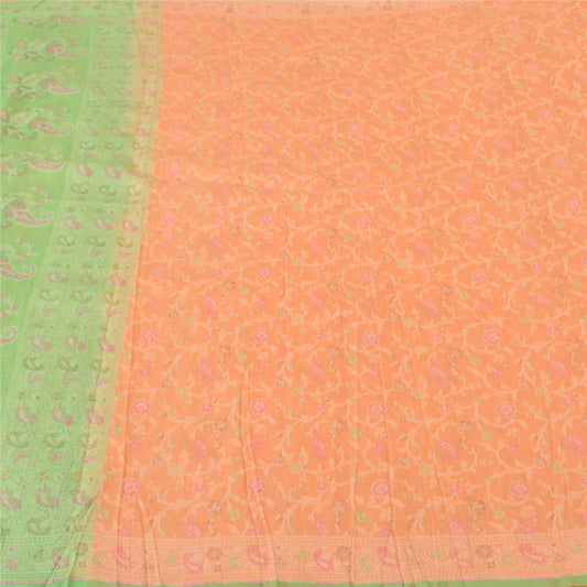 Sanskriti Vintage Peach/Green Sarees 100% Pure Silk Woven Premium Sari Sustainable Fabric