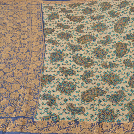 Санскритские винтажные индийские сари синего/цвета слоновой кости из 100% чистого шелка, 5 ярдов, устойчивая ткань