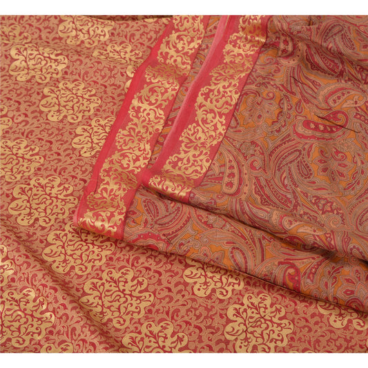 Sanskriti Vintage Dark Red Indian Sarees 100% Pure Silk Woven Sari 5 YD Sustainable Fabric
