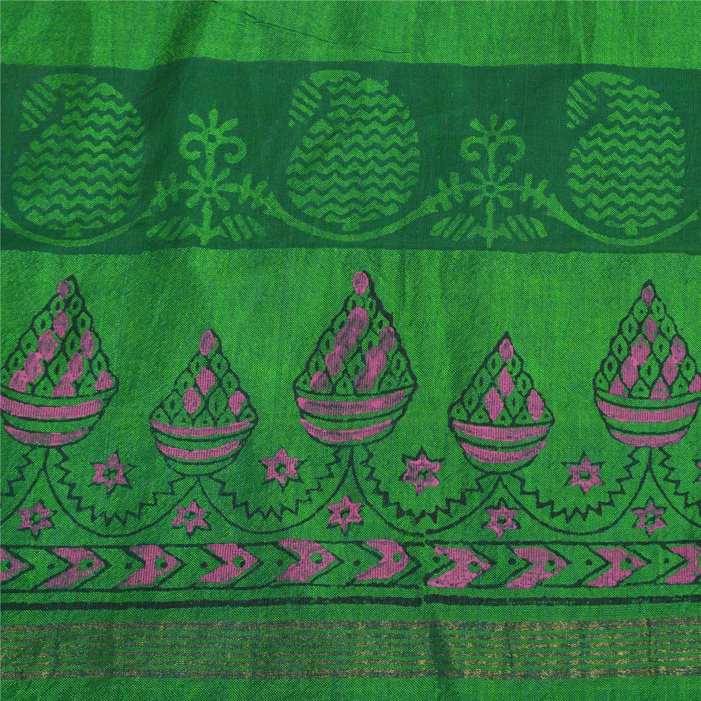 Sanskriti Vintage Green Sarees Pure Silk Hand- Painted/Block Printed Sari Sustainable Fabric
