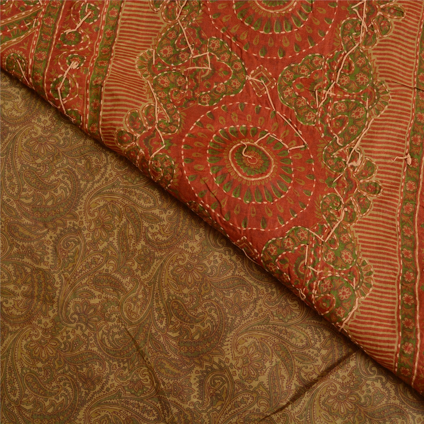 Sanskriti Vintage Orange Sarees Pure Silk Hand Beaded Kantha Sari Craft Sustainable Fabric