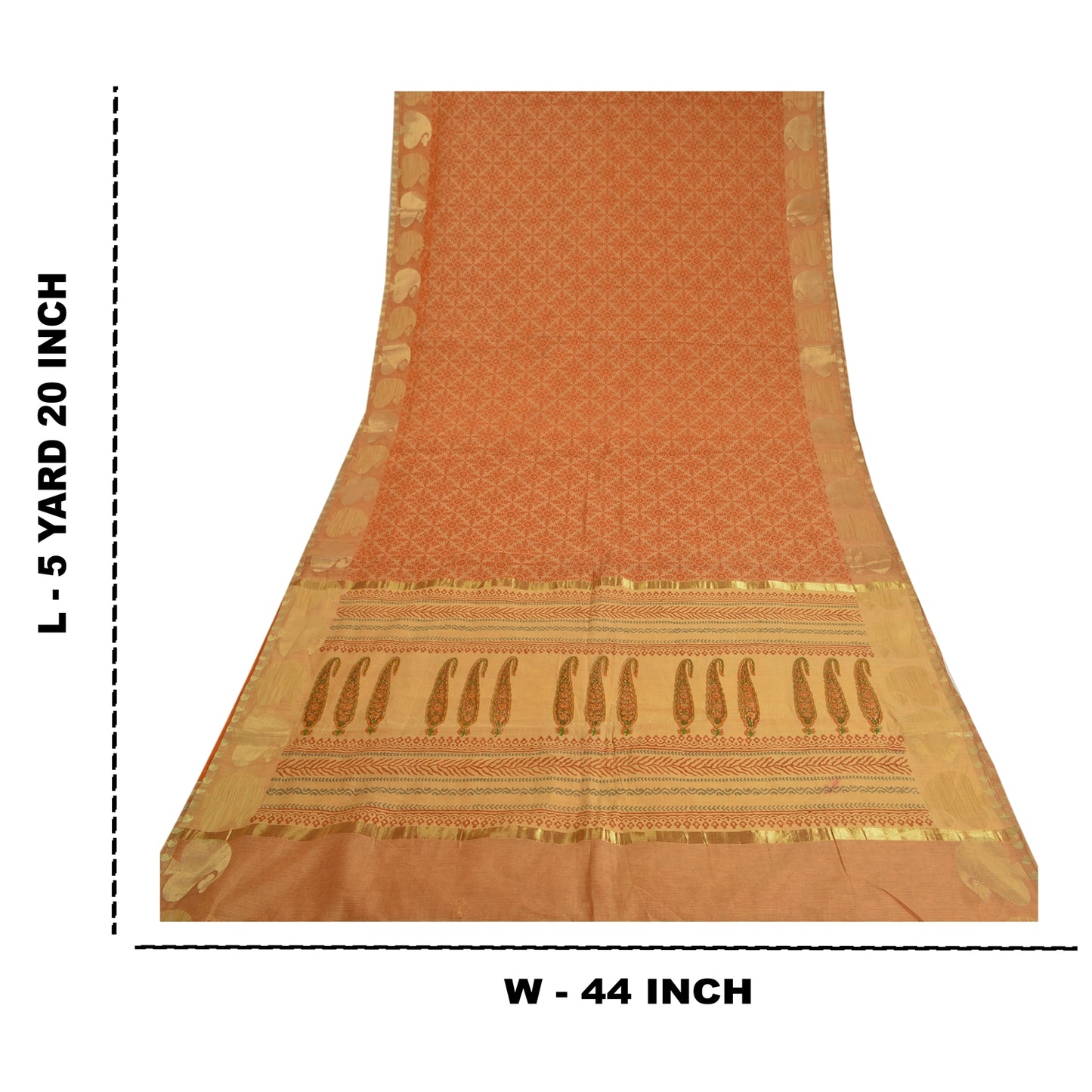 Sanskriti Vintage Saffron Sarees Blend Cotton Hand-Block Print Woven Sari Sustainable Fabric