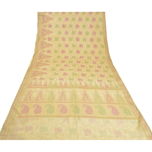 Sanskriti Vintage Ivory Indian Sarees 100% Pure Silk Woven Sari Craft Sustainable Fabric
