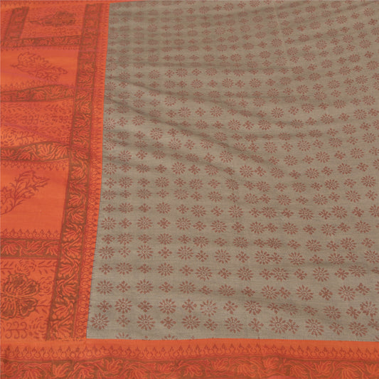 Sanskriti Vintage Sari Blend Silk Orange & Grey Sarees Indian Hand-Block Printed 5yd Craft Fabric Create- Upcycled Sarongs, Scarves