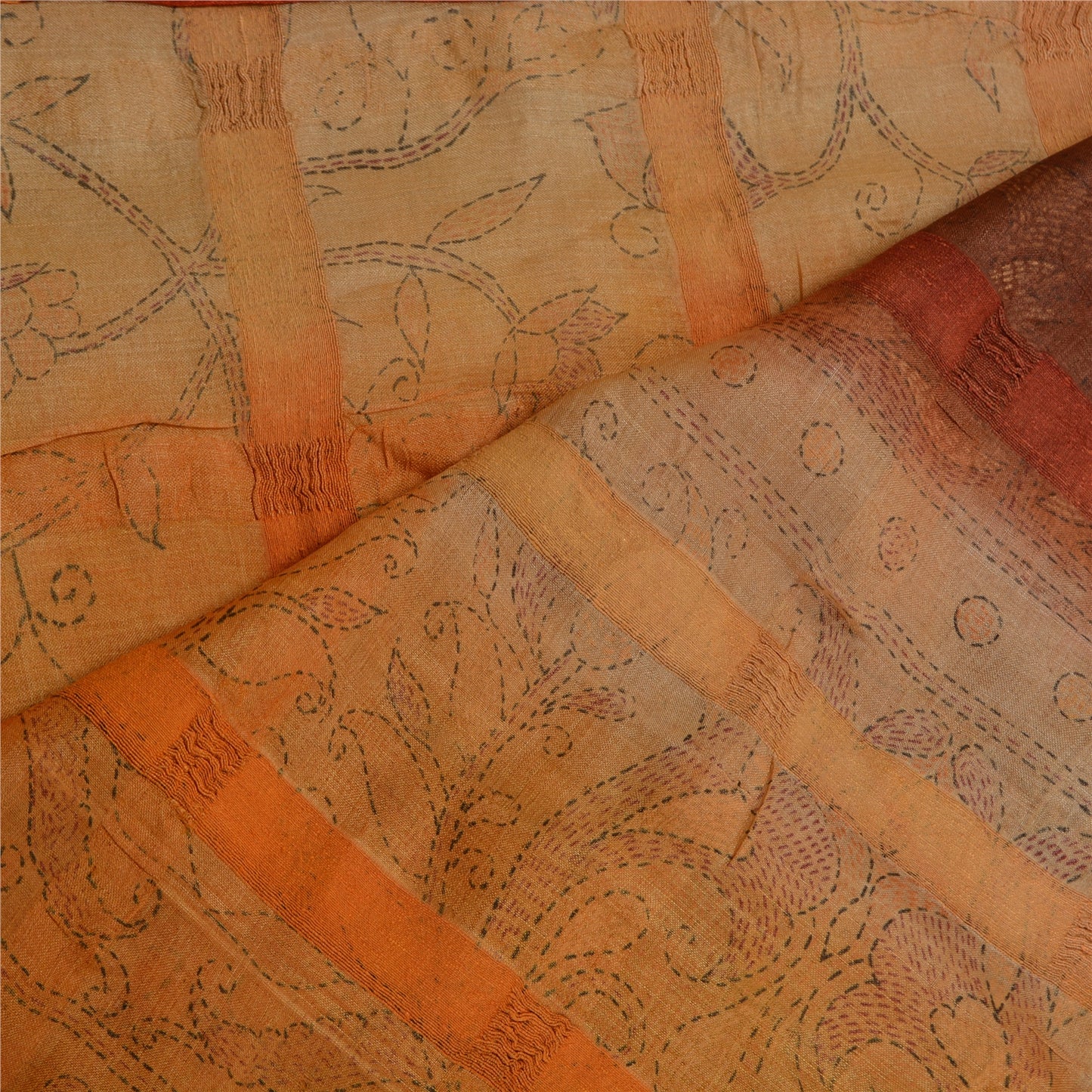 Sanskriti Vintage Saffron/Brown Sarees Pure Silk Kantha Printed Sari Sustainable Fabric