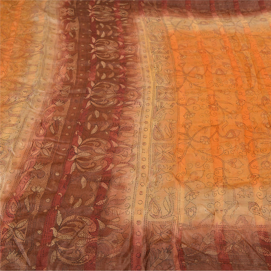 Sanskriti Vintage Saffron/Brown Sarees Pure Silk Kantha Printed Sari Sustainable Fabric