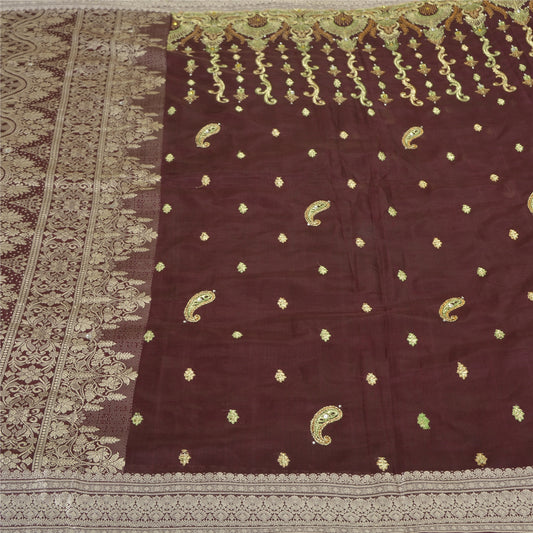 Sanskriti Vintage Purple Sarees Pure Silk Hand Beaded Woven Sari Craft Sustainable Fabric