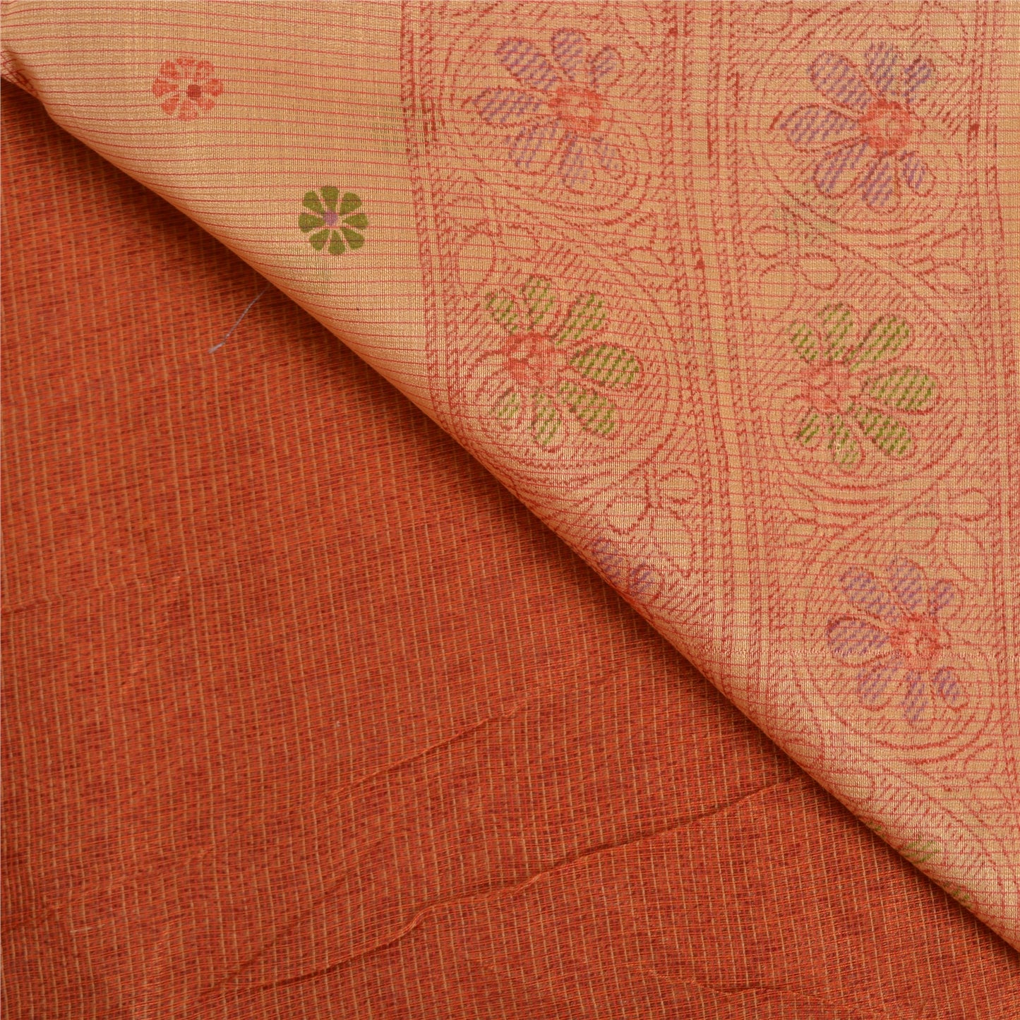 Sanskriti Vintage Orange Sarees Cotton Silk Printed Woven Sari Craft Sustainable Fabric