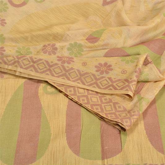 Sanskriti Vintage Cream Sarees 100% Pure Silk Woven Sari Craft 5 Yard Sustainable Fabric