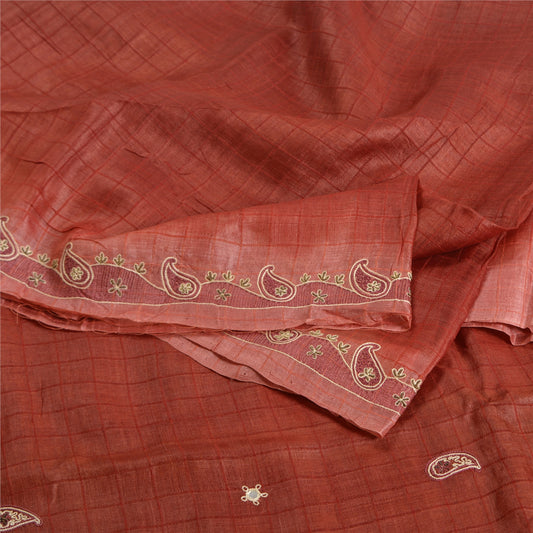 Sanskriti Vintage Dark Red Sarees Pure Silk Hand Beaded Woven Sari Craft Sustainable Fabric
