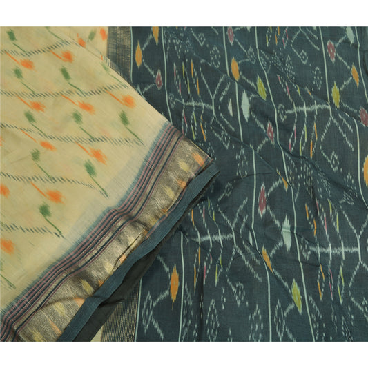 Sanskriti Vintage Saree From India Ivory Hand Woven Ikat Pure Silk Sari Sustainable Fabric