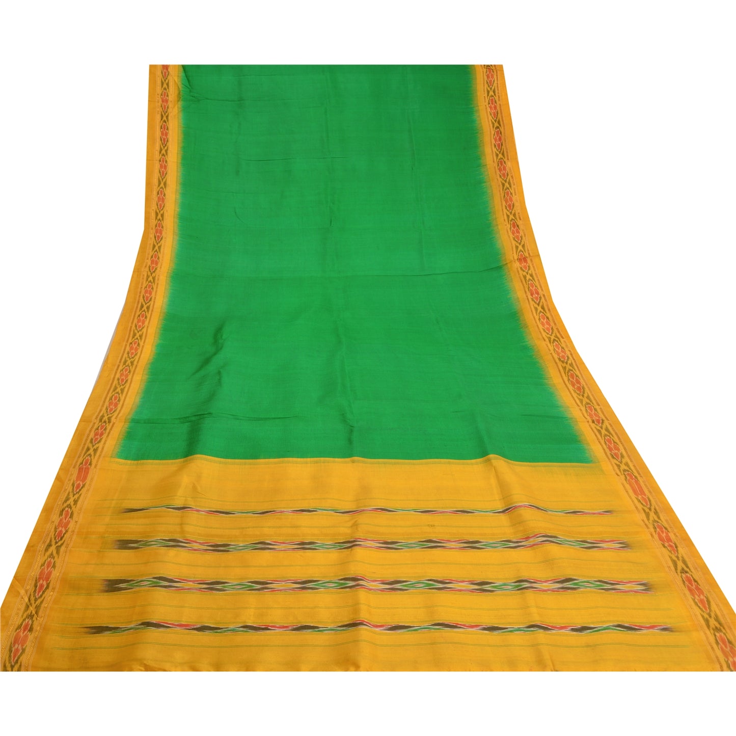 Sanskriti Vintage Saree Green Pochampally Hand Woven Ikat Pure Silk Sari Sustainable Fabric