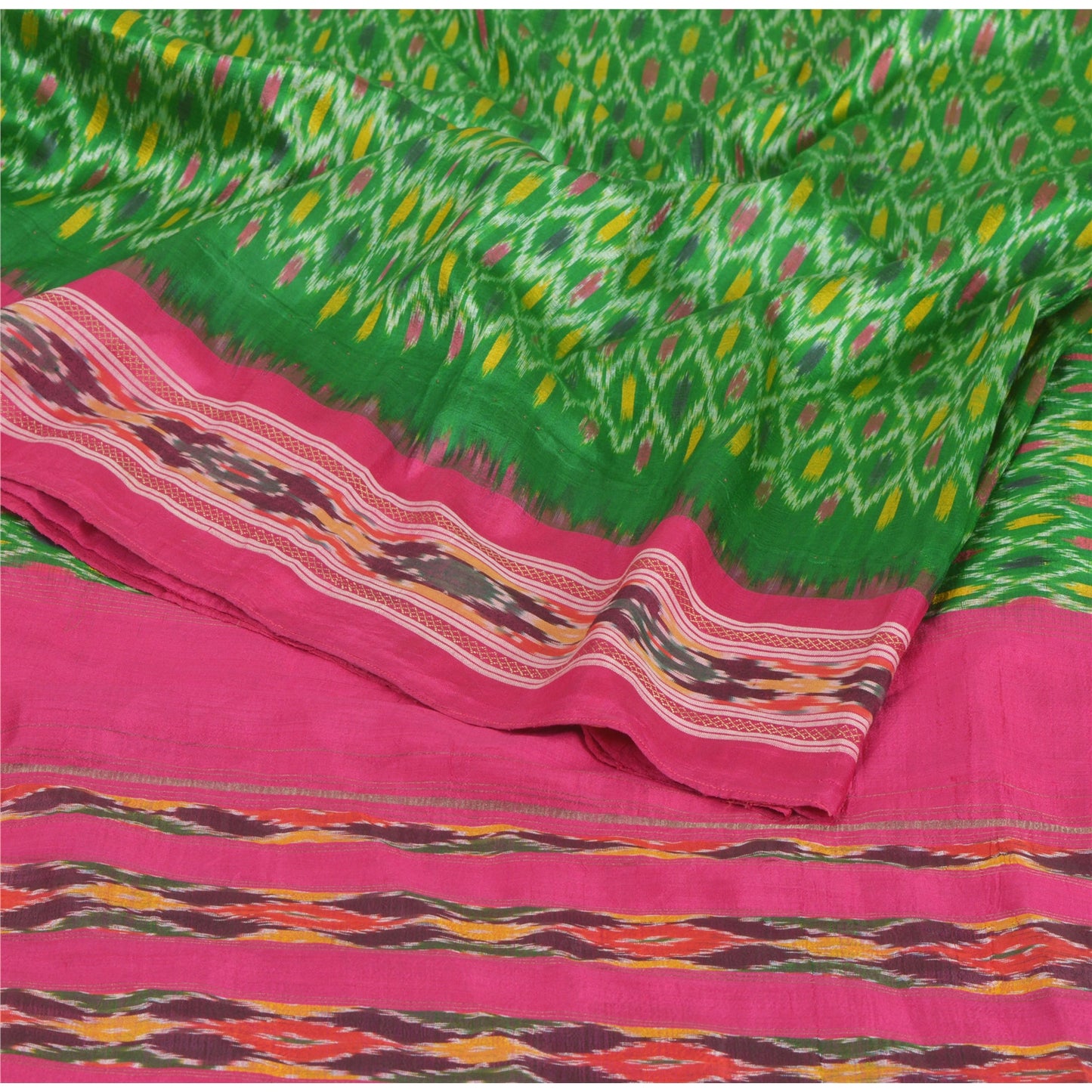 Sanskriti Vintage Green Saree 100% Pure Silk Ikat Woven Work Patola Sari Craft Sustainable Fabric