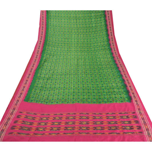 Sanskriti Vintage Grøn Sari 100% Ren Silke Ikat Vævet Patola Sari Håndværk Bæredygtigt Stoff