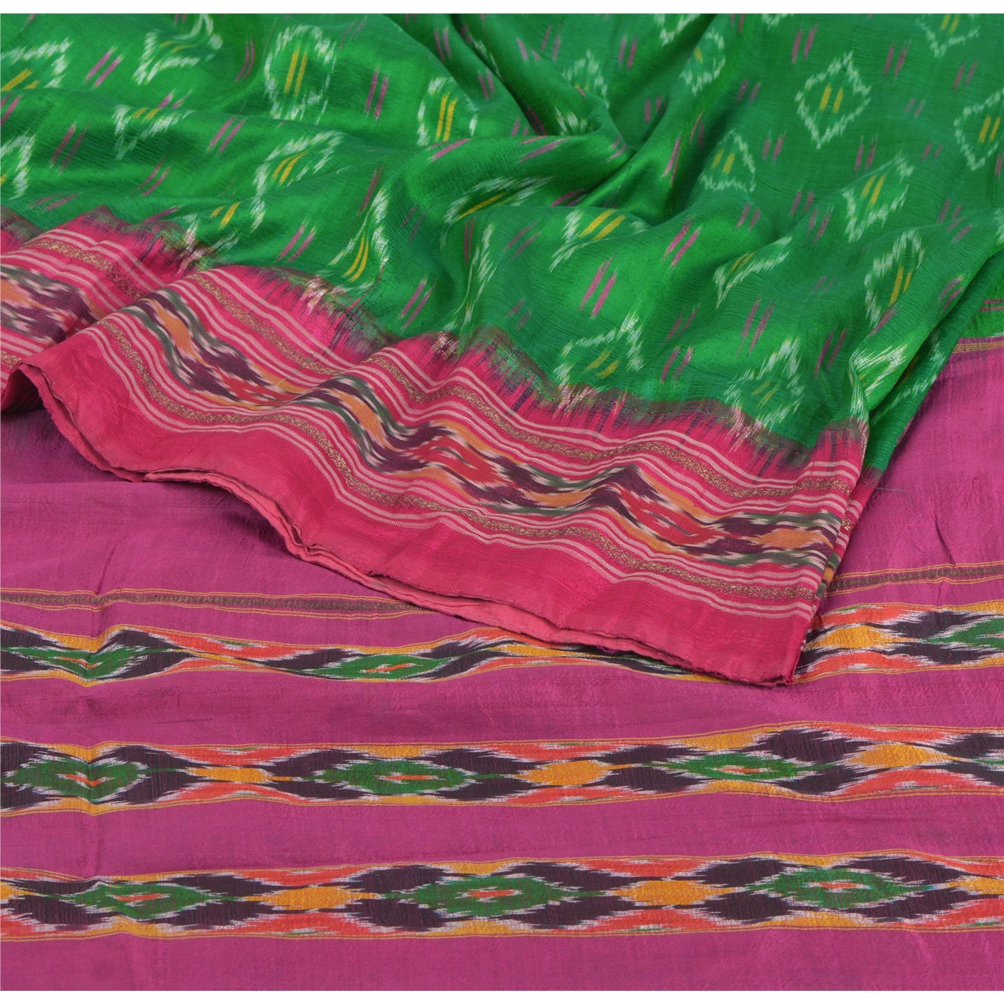 Sanskriti Vintage Green Saree 100% Pure Silk Ikat Woven Work Patola Sari Craft Sustainable Fabric