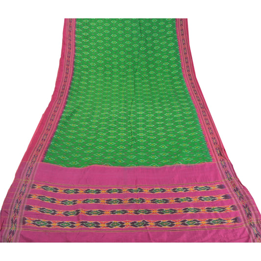 Sanskriti Vintage Grøn Sari 100% Ren Silke Ikat Vævet Patola Sari Håndværk Bæredygtigt Stoff