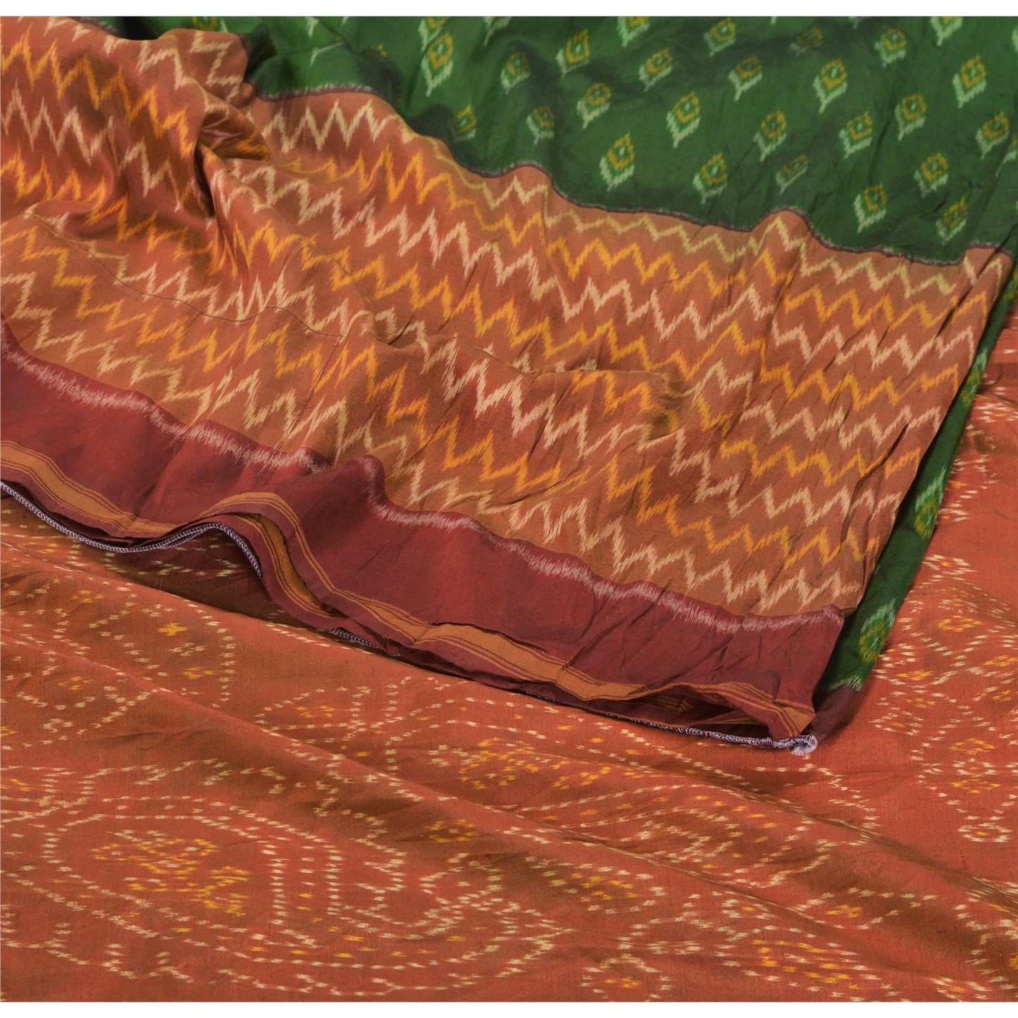 Sanskriti Vintage Green Saree 100% Pure Silk Ikat Woven Work Patola Sari Craft Sustainable Fabric