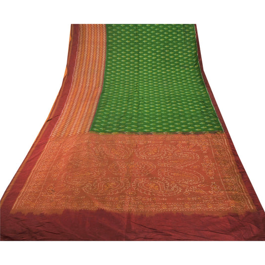 Sanskriti Vintage Grøn Sari 100% Ren Silke Ikat Vævet Patola Sari Håndværk Bæredygtigt Stoff