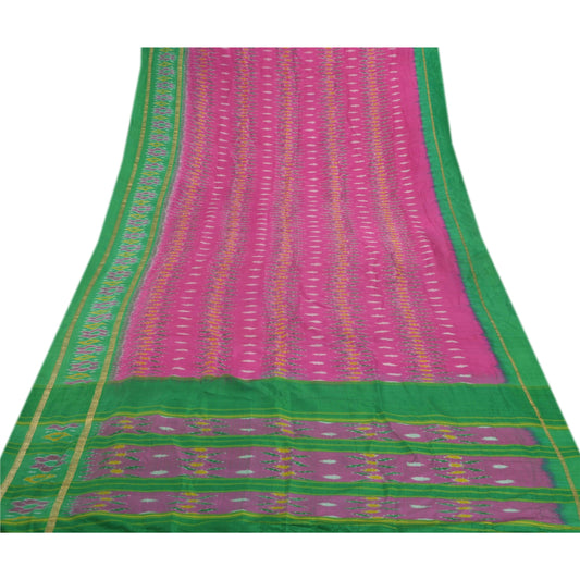 Sanskriti Vintage Pink Saree 100% Pure Silk Sustainable Fabric Woven Patola Ikat Woven Work 5 YD Sari