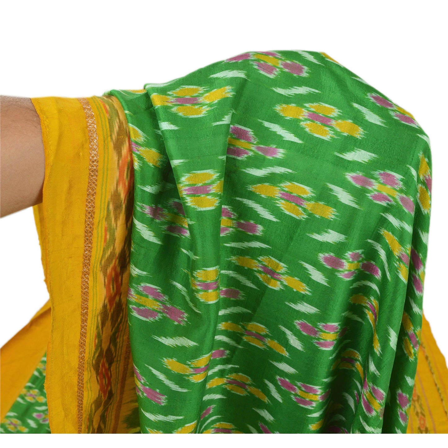 Sanskriti Vintage Green Sarees Pure Silk Woven Patola Ikat Sustainable Fabric Ethnic Sari