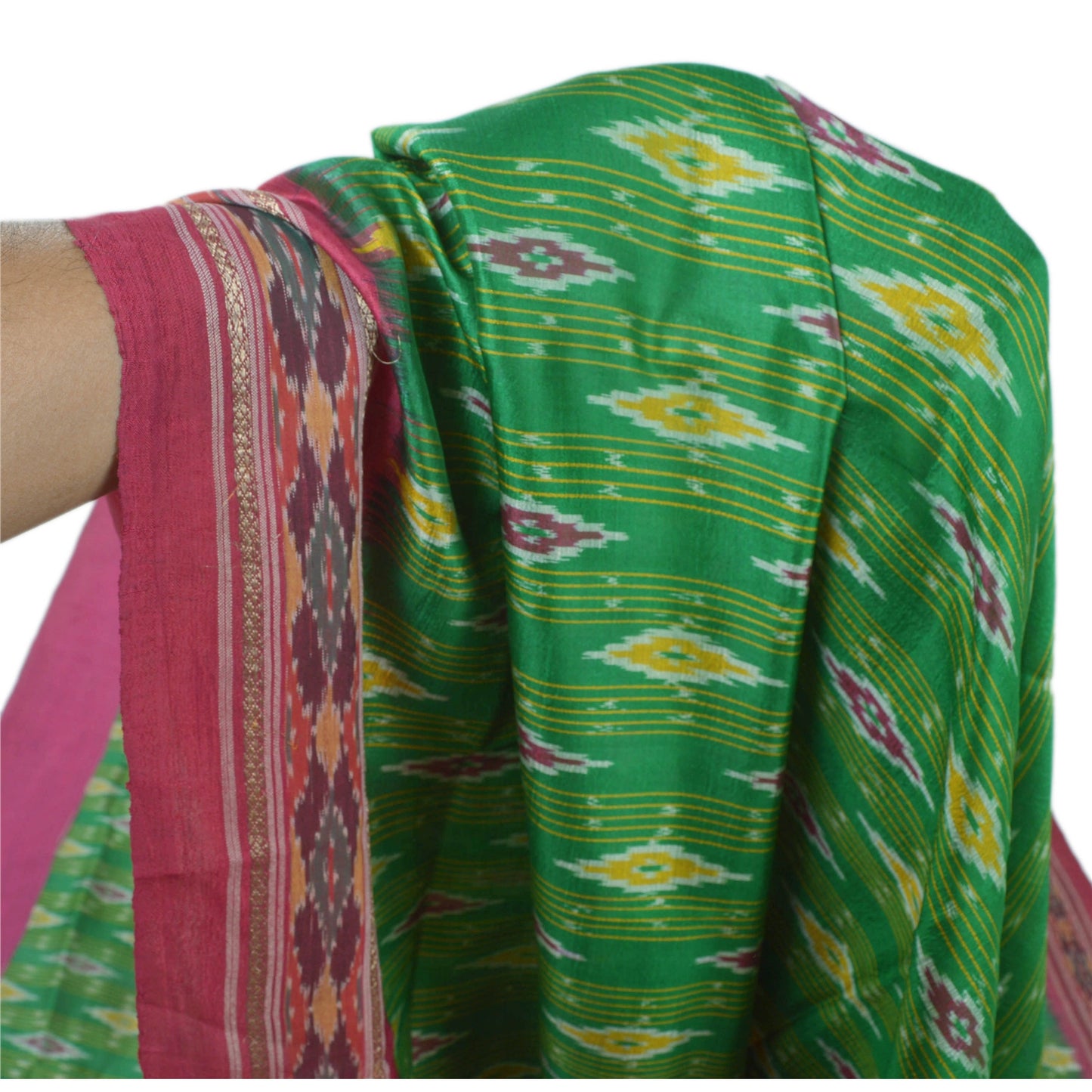 Sanskriti Vintage Green Sarees Pure Silk Woven Patola Ikat Sustainable Fabric Ethnic Sari