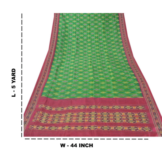 Sanskriti Vintage Grøn Sarees Ren Silke Vævet Patola Ikat Bæredygtigt Stof Etnisk Sari