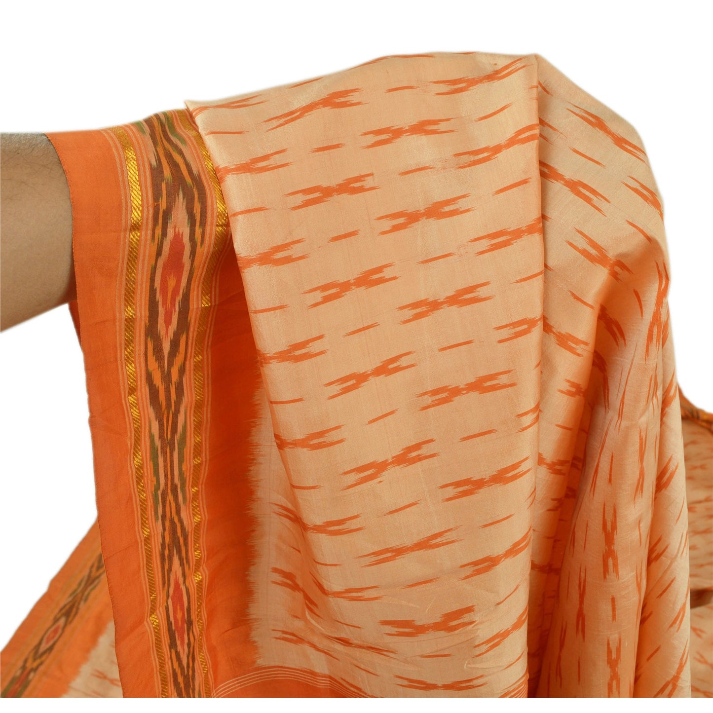 Sanskriti Vintage Orange Sarees Pure Silk Woven Patola Ikat Sustainable Fabric Sari