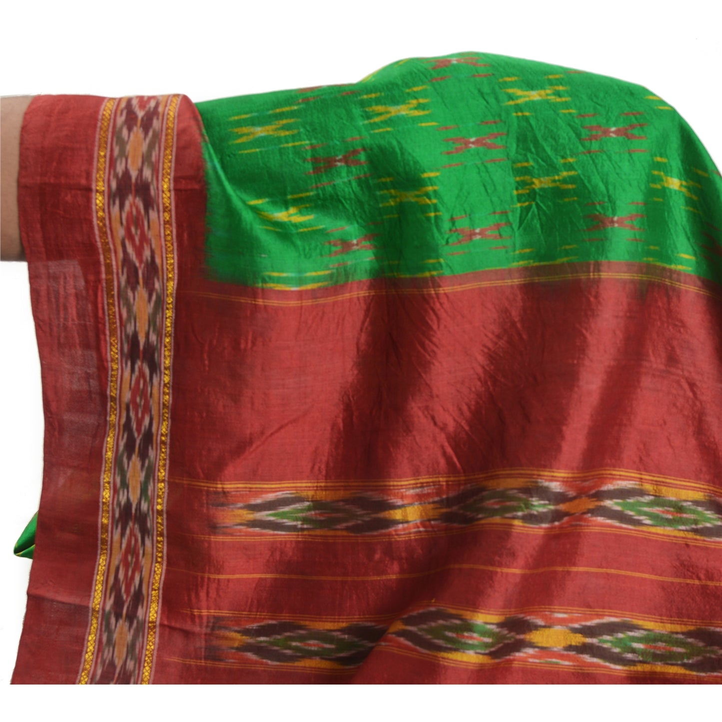 Sanskriti Vintage Pochampally Woven Ikat Sarees Pure Silk Green Sari Sustainable Fabric