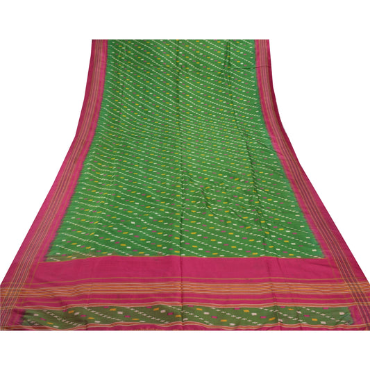 Sanskriti Vintage Green Sarees 100% Pure Silk Woven Patola Ikat Sustainable Fabric 5 YD Sari