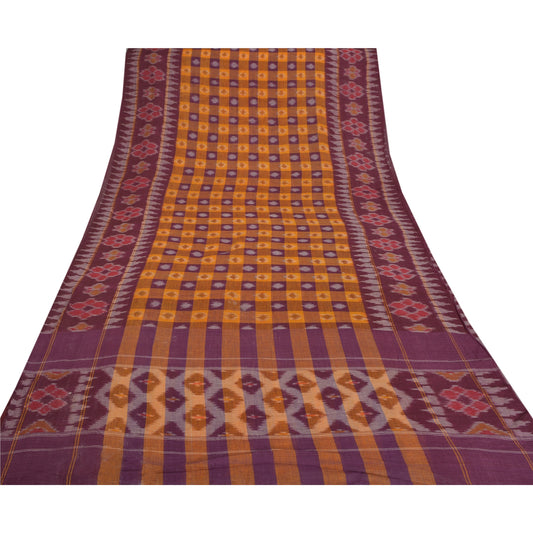 Sanskriti Vintage Saffron Sarees Pure Cotton Woven Patola Ikat Sustainable Fabric 5 YD Sari