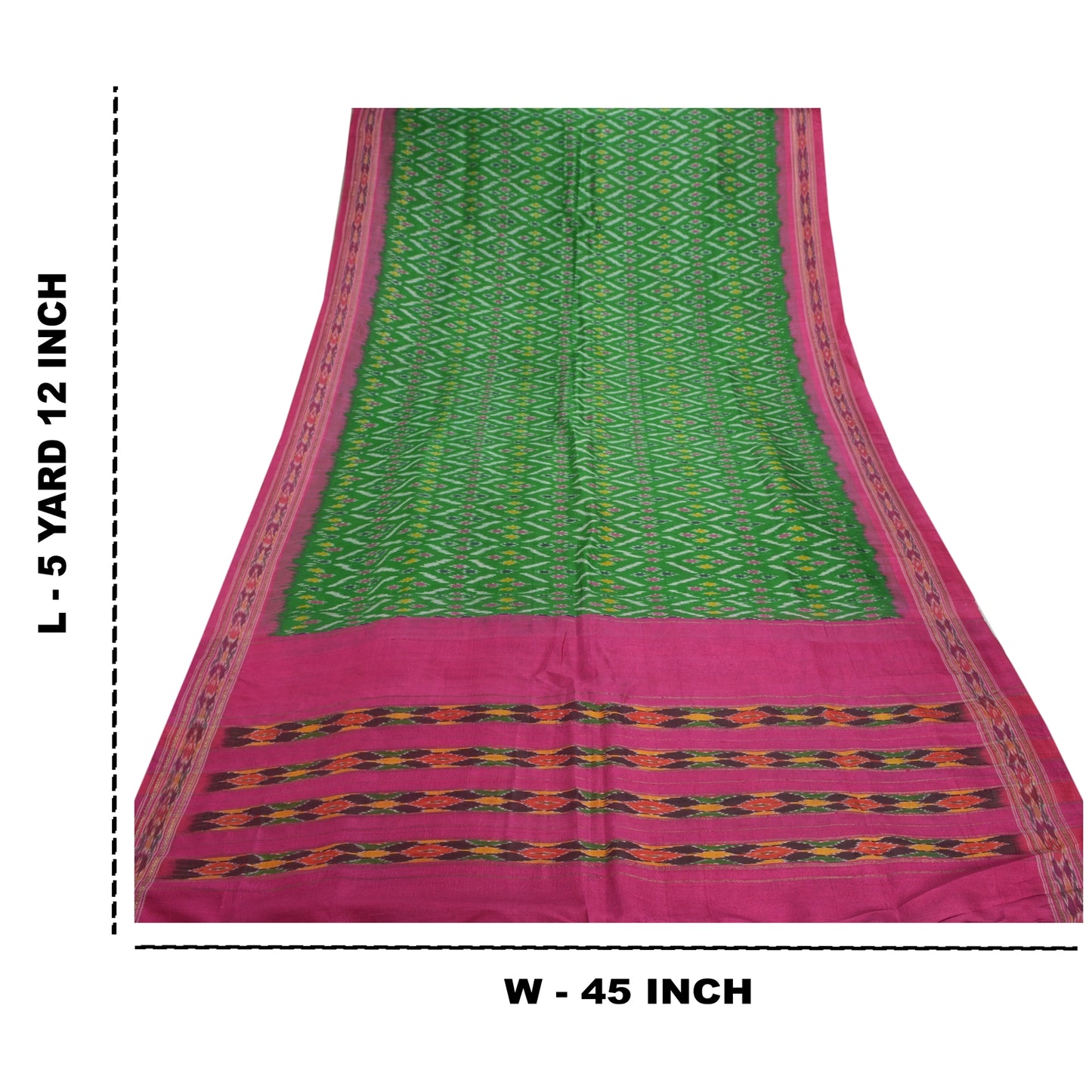 Sanskriti Vintage Green Sarees 100% Pure Silk Woven Patola Ikat Sustainable Fabric 5 YD Sari