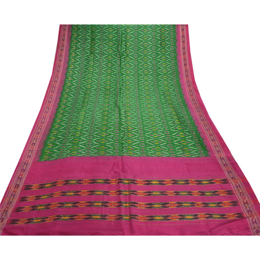 Sanskriti Vintage Green Sarees 100% ren silkevævet Patola Ikat Bæredygtigt stof 5 YD Sari