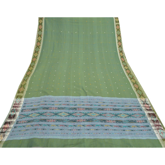 Sanskriti Vintage Rare Green Sambalpuri Ikat Sarees Handwoven Cotton Sari Sustainable Fabric