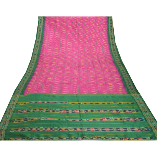 Sanskriti Vintage Pink Pochampally Ikat Sarees Handwoven Pure Silk Sari Sustainable Fabric