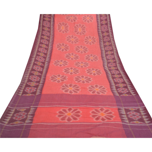 Sanskriti Vintage Sambalpuri Ikat Sarees Handwoven Pure Cotton Sari Red Sustainable Fabric