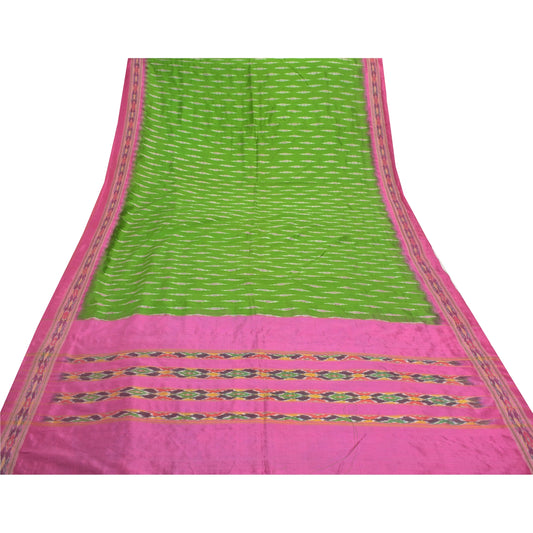 Sanskriti Vintage Pochampally Ikat Sarees Handwoven Pure Silk Green Sari Sustainable Fabric