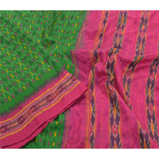Sanskriti Vintage Grøn Pochampally Håndvævet Ikat Sarees Pure Silke Sari Bæredygtigt stof