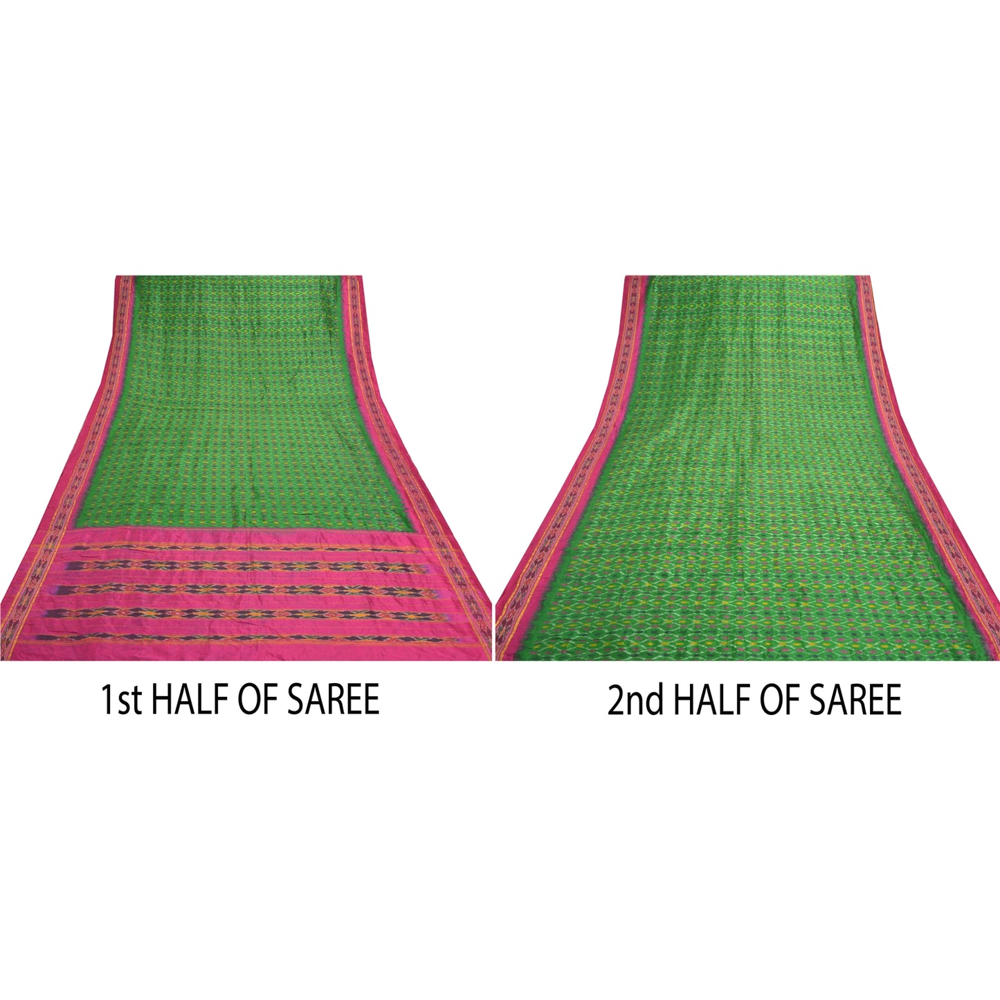 Sanskriti Vintage Green Pochampally Hand Woven Ikat Sarees Pure Silk Sari Sustainable Fabric