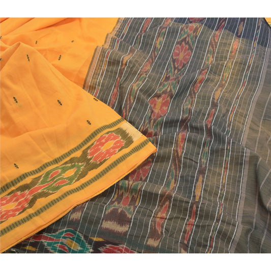 Sanskriti Vintage Yellow Ikat Hand Woven Sarees Blend Cotton Sari Craft Sustainable Fabric
