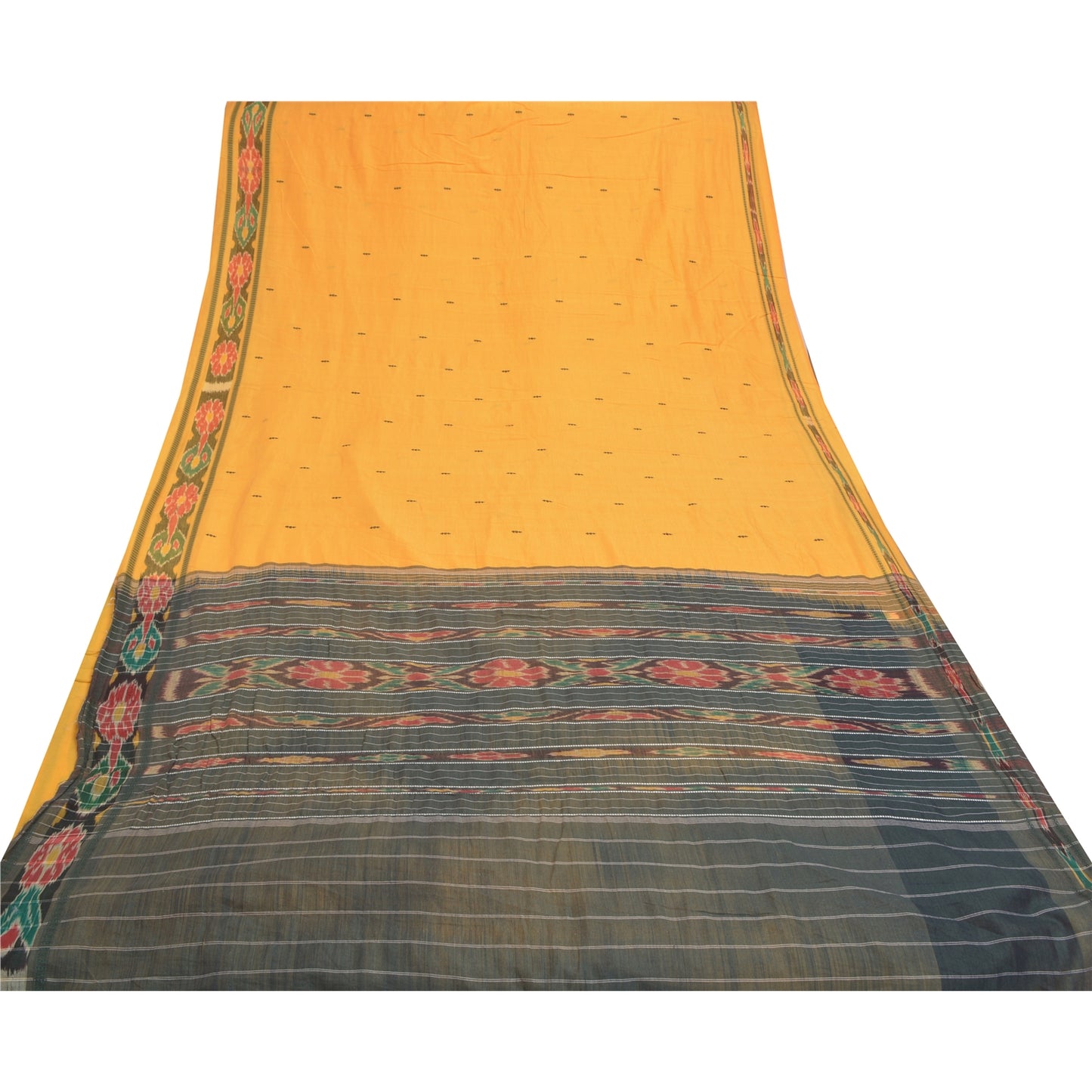 Sanskriti Vintage Yellow Ikat Hand Woven Sarees Blend Cotton Sari Craft Sustainable Fabric