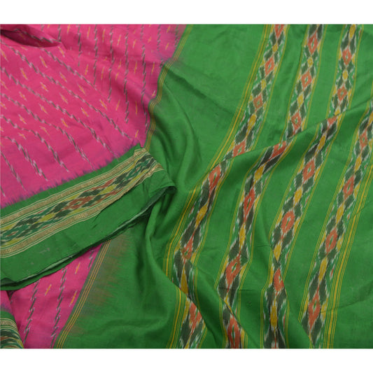 Sanskriti Vintage Pochampally Håndvævet Pink Ikat Sarees Pure Silke Sari Bæredygtigt stof