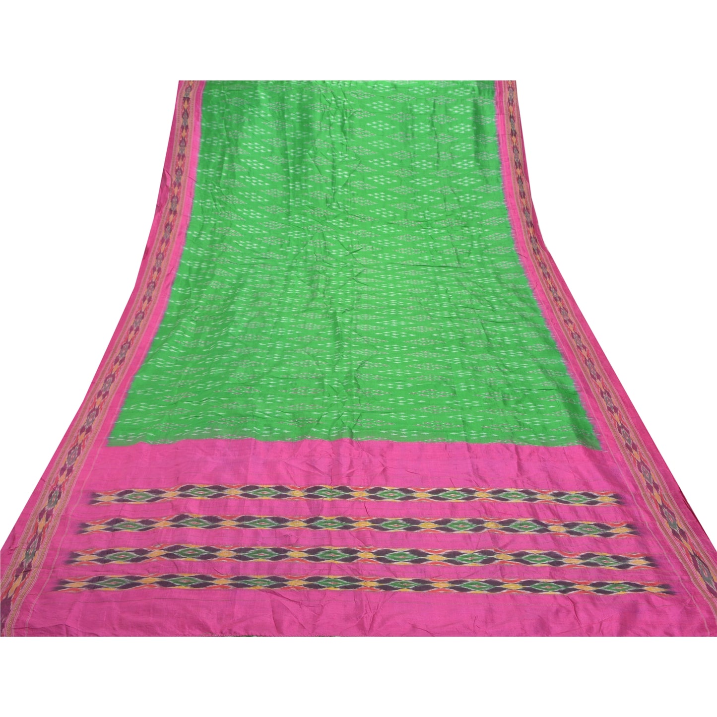 Sanskriti Vintage Pochampally Green Håndvævet Ikat Sarees Pure Silke Sari Bæredygtigt stof