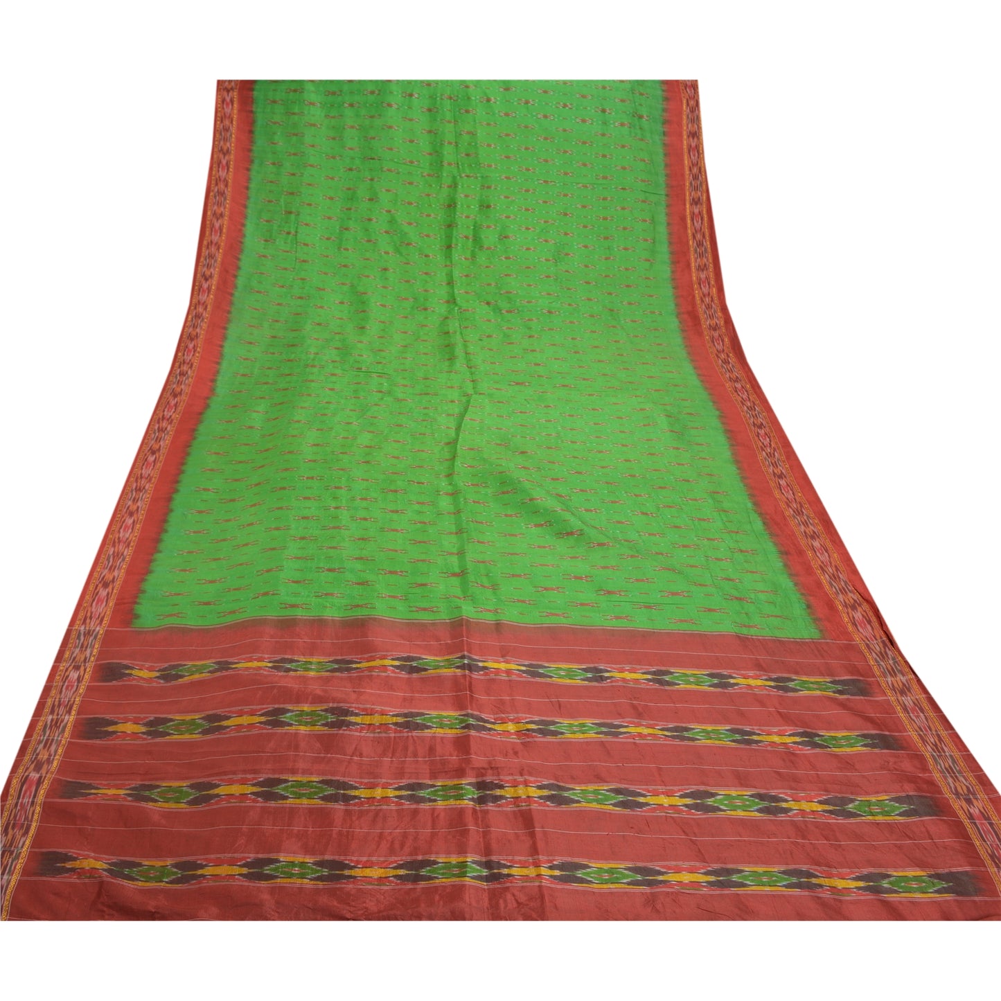 Sanskriti Vintage Green Sarees Pure Silk Sustainable Fabric Ikat Pochampally 5 Yard Sari