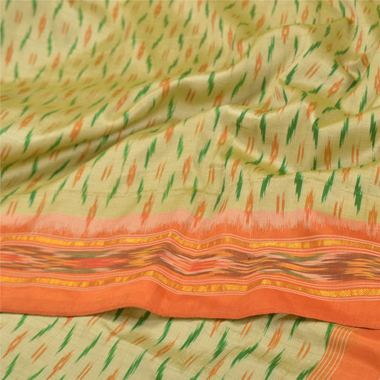 Sanskriti Vintage Pochampally Green Hand Woven Ikat Sarees Pure Silk Sari Sustainable Fabric
